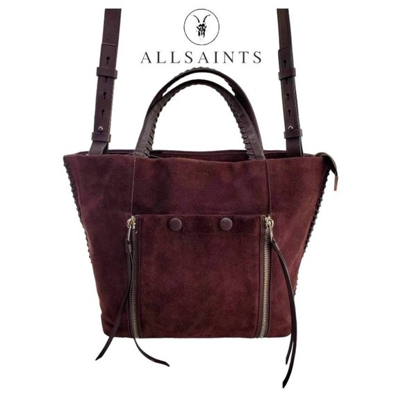 All Saints Handbags - ALLSAINTS Fleur De Lis East/West Small Suede Tote - Dark Eggplant NWOT